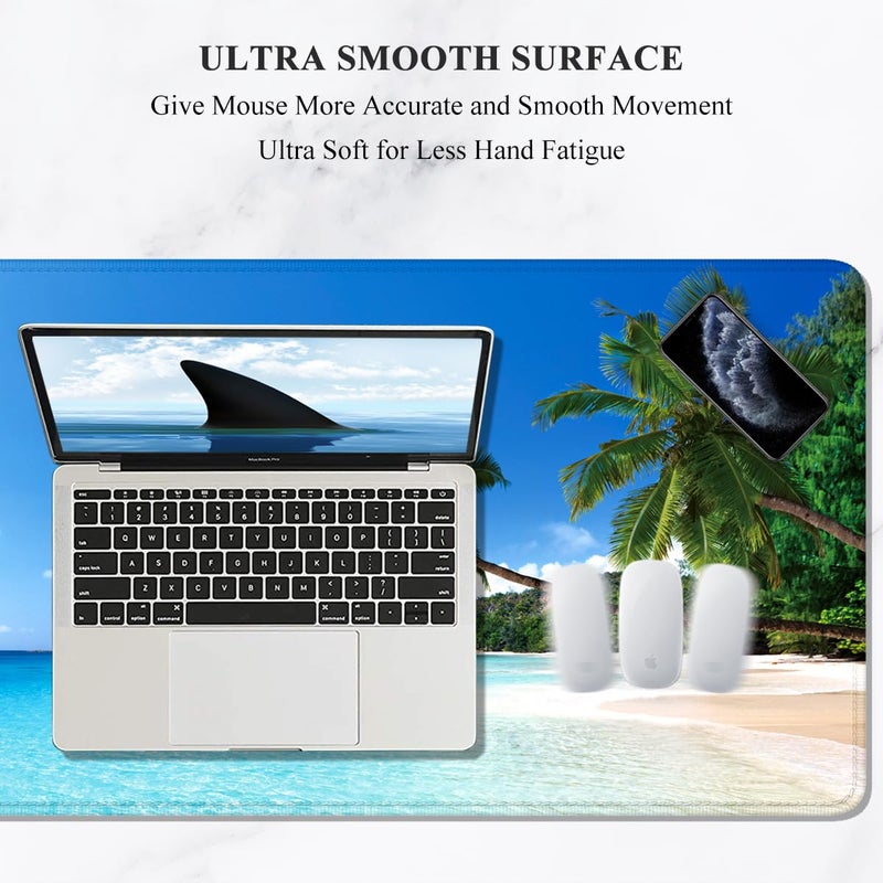 Auhoahsil Large Gaming Mouse Pad, Beach Theme XXL 35.4 x 15.7 in Desk Pad Stitched Non-Slip Rubber Long Computer Mousepad Thin Extended Full Size Desk Mat for Desktop, Laptop, Wireless Mice, Blue - Image 3
